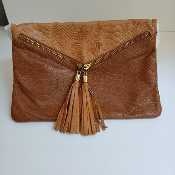 Italian Leather Caramel Reptile Crossbody Bag Zip Front with Fringe Zipper Pulls - Picture 3 of 9